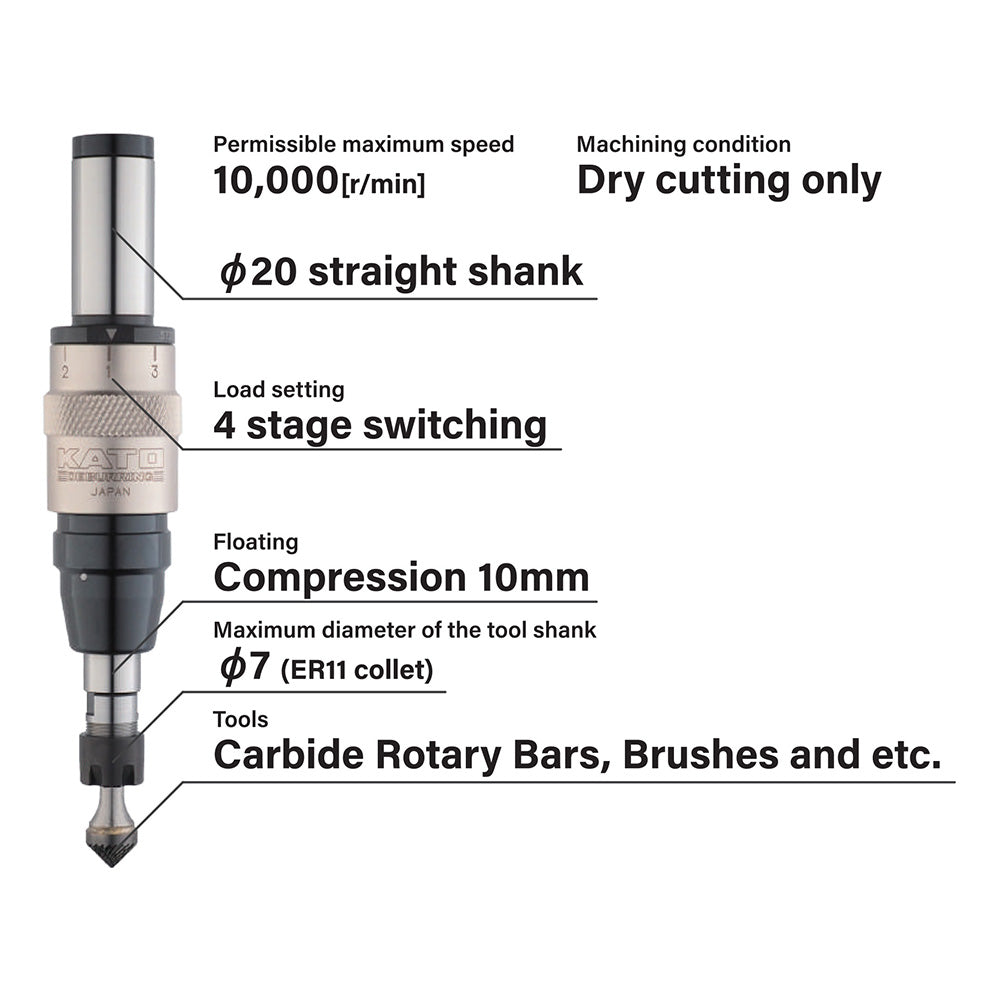 KATO DBR7-SC Deburring Holder specifications showing 20mm straight shank, 10,000 rpm maximum speed, 4-stage load switching, 10mm compression, ER11 collet, and carbide rotary bar compatibility.