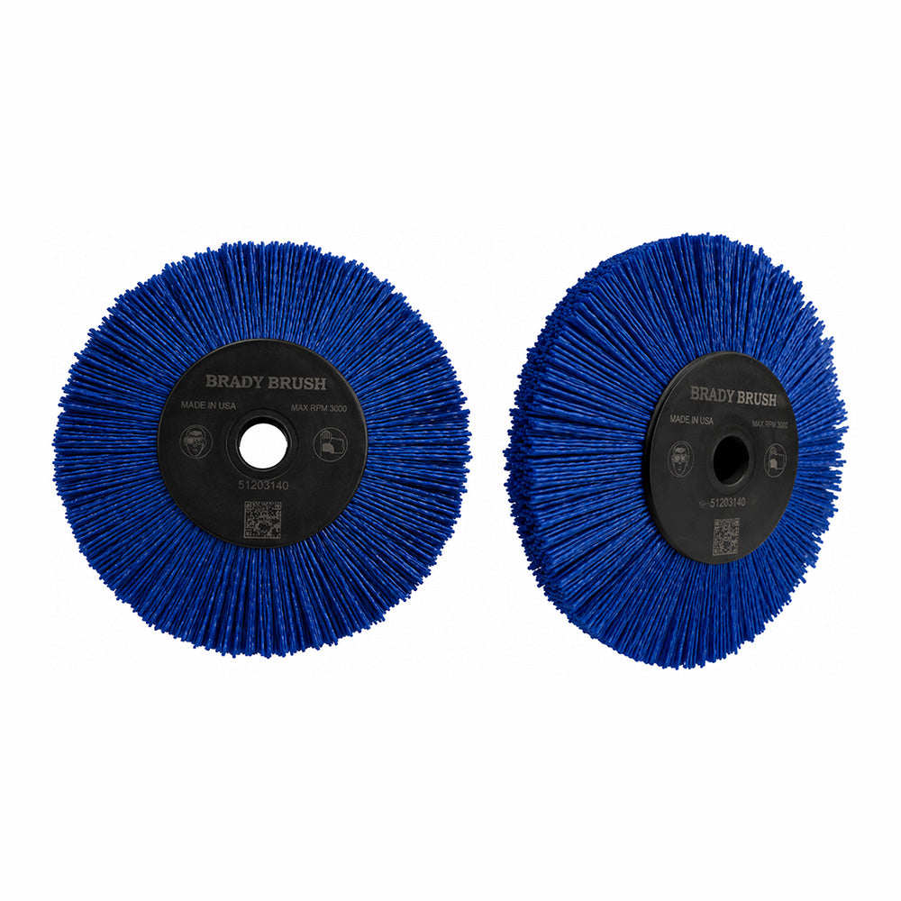 Blue abrasive filament radial wheel brush for contour deburring, cylindrical parts, robotic deburring, and edge blending applications.