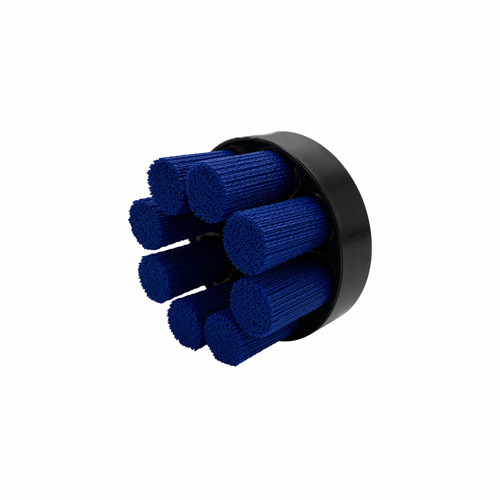 Blue abrasive filament shell mill brush for CNC machining centers, aluminum deburring, edge radiusing, and wet machining environments.