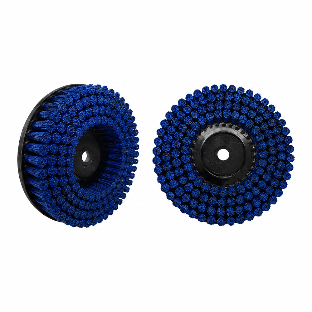 Blue abrasive filament tufted DOT brush used for light burr removal, sharp edge removal, and CNC deburring applications.
