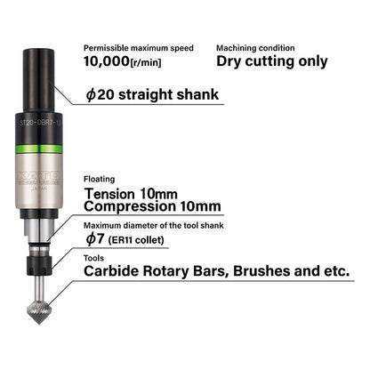 KATO DBR7-1D deburring holder specifications showing 20mm shank, 10mm tension and compression, and ER11 collet compatibility