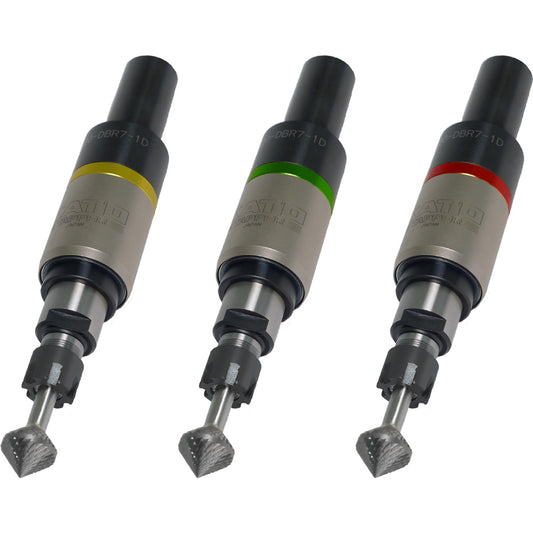 KATO DBR7-1D deburring holders shown in yellow, green, and red spring load variants for adjustable deburring pressure.