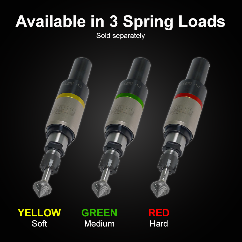 KATO DBR7-1D deburring tool holders in yellow, green, and red showing soft, medium, and hard spring load options available from Bel Air Finishing.