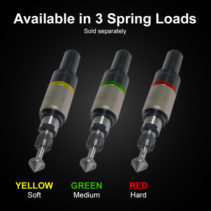 KATO DBR7-1D deburring tool holders in yellow, green, and red showing soft, medium, and hard spring load options available from Bel Air Finishing.