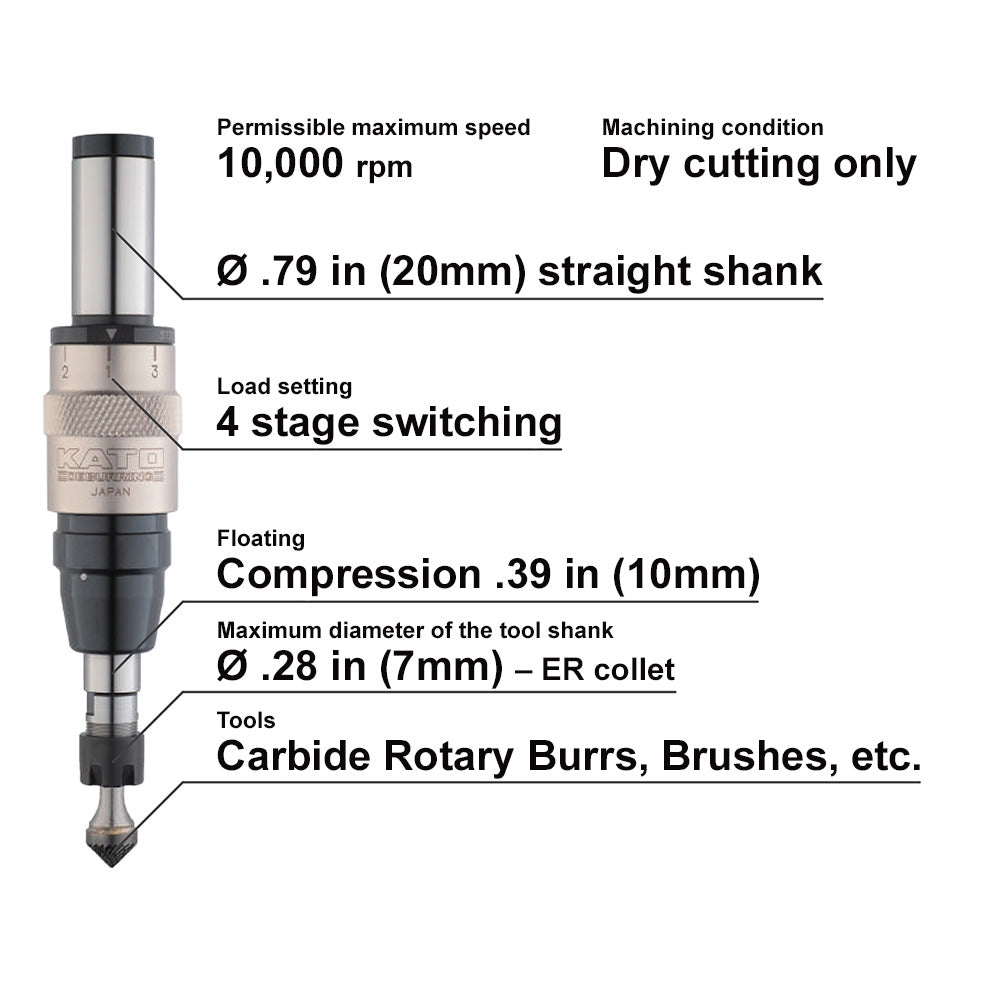 KATO DBR7-SC Deburring Holder specifications showing 20mm straight shank, 10,000 rpm maximum speed, 4-stage load switching, 10mm compression, ER11 collet, and carbide rotary bar compatibility.