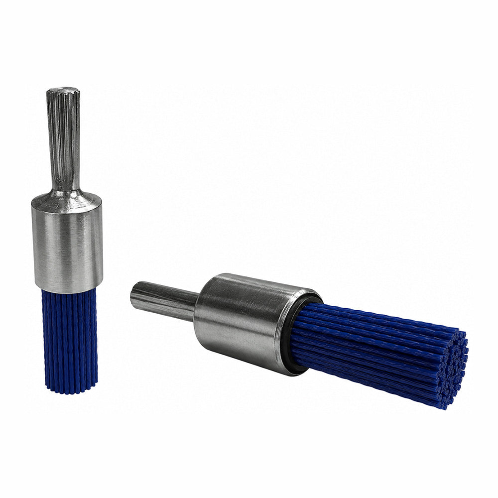 Blue abrasive filament stem-mounted end brush for hole deburring, internal feature finishing, and machined component improvement.