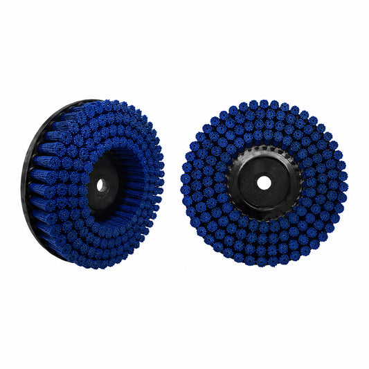 Blue abrasive filament tufted DOT brush used for light burr removal, sharp edge removal, and CNC deburring applications.