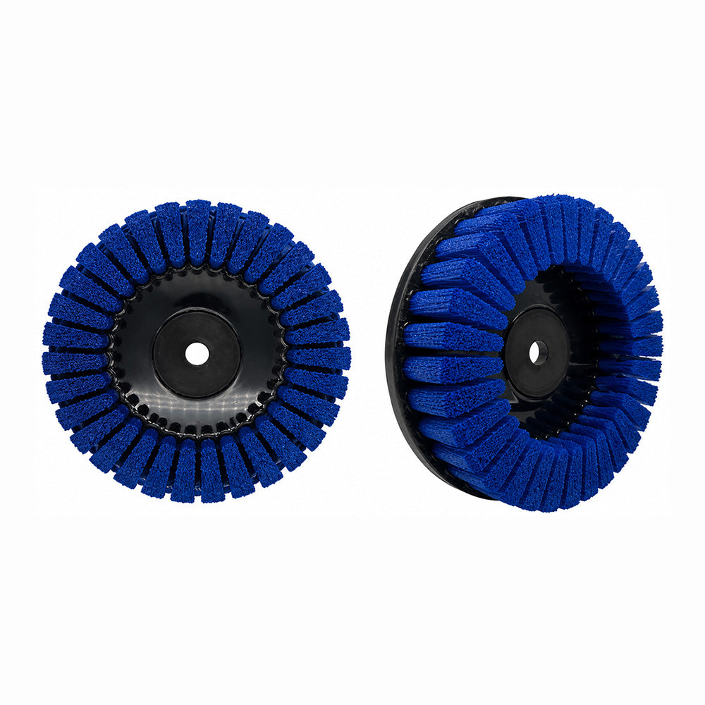 Blue abrasive filament V-tuft brush for moderate to aggressive deburring, edge radiusing, and hard burr removal.