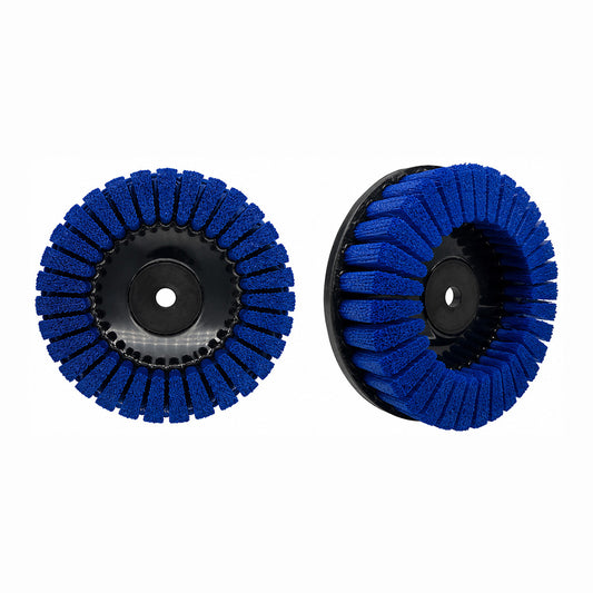 Blue abrasive filament V-tuft brush for moderate to aggressive deburring, edge radiusing, and hard burr removal.